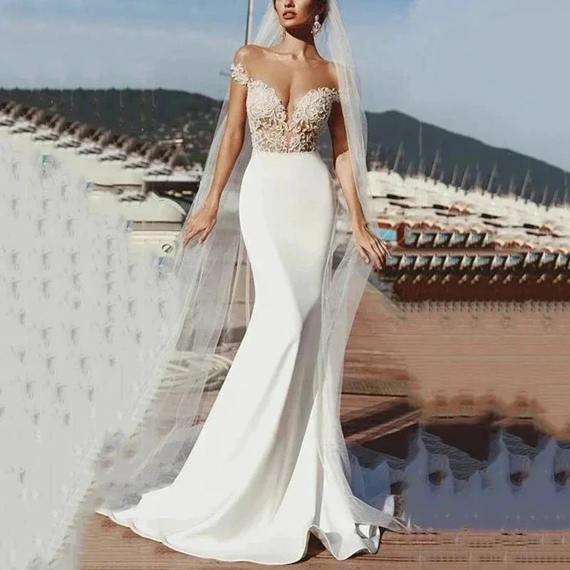 Vintage Lace Applique Wedding Dresses Sexy Off The Shoulder Mermaid Ball Gowns Empire Satin Formal Bridal Beach Party Vestidos by payinti