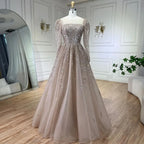 Serene Hill Customized Pink Long Sleeves A Line Beaded Dubai Evening Dresses Party Gowns 2025 For Women Wedding DLA71915