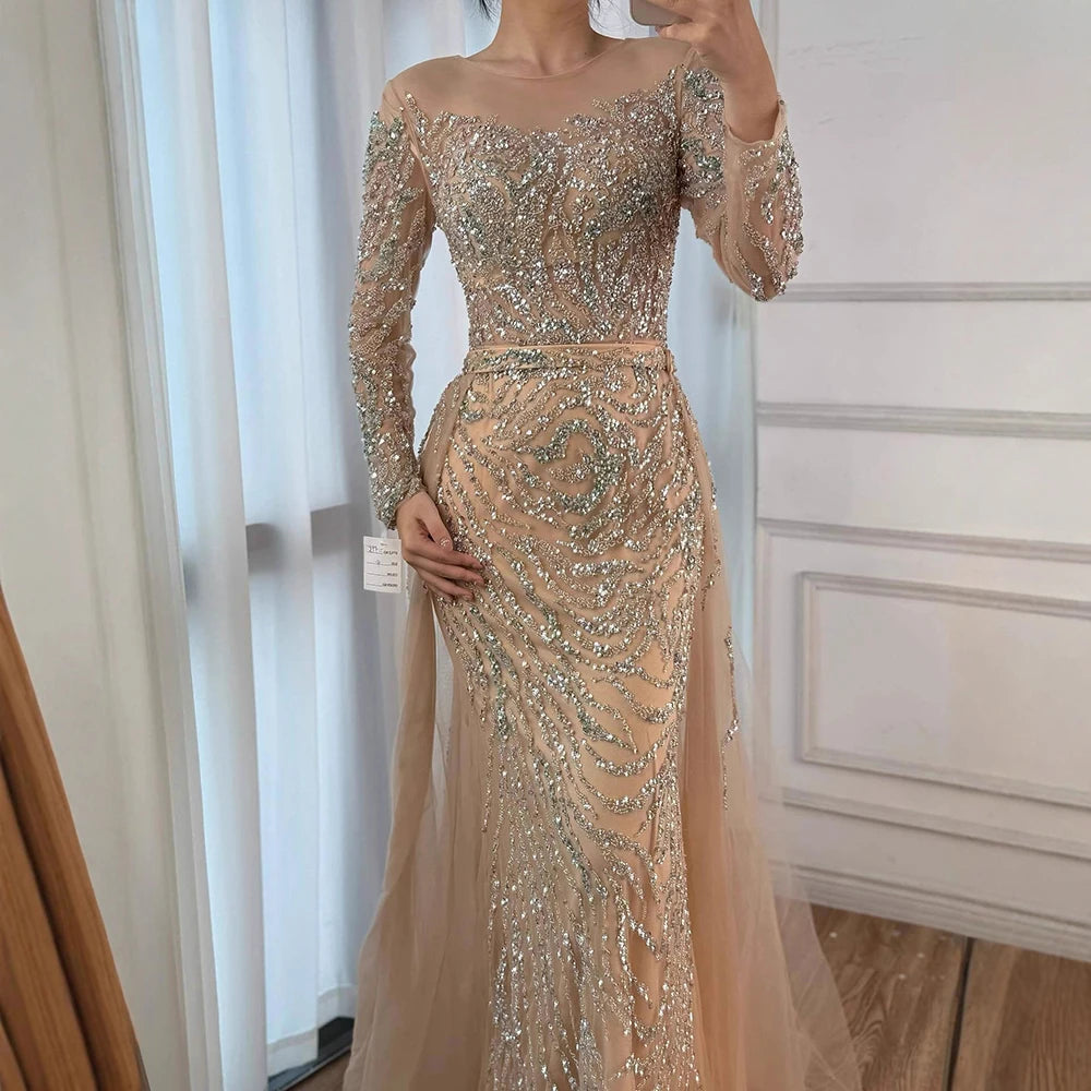 Zapdress Nude Mermaid Long Sleeve Evening Dress with Overskirt Luxury Beaded Wedding Party Gown for Women Customized (ZD17389)