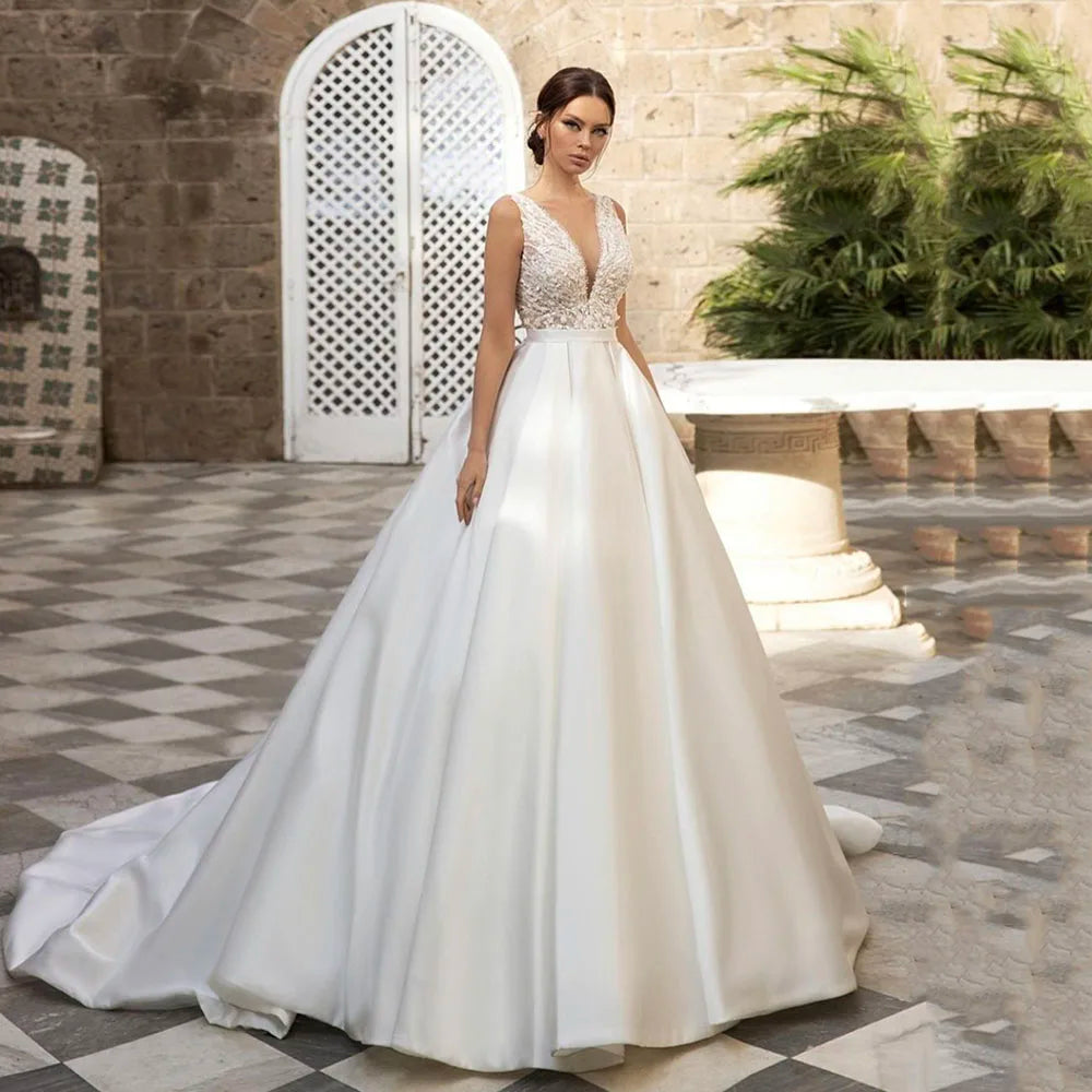 SoDigne Country Wedding Dresses A-line Wedding Gown V-Neck Bride Dress Appliques Satin Bridal Gown Vestido De Novia Customized