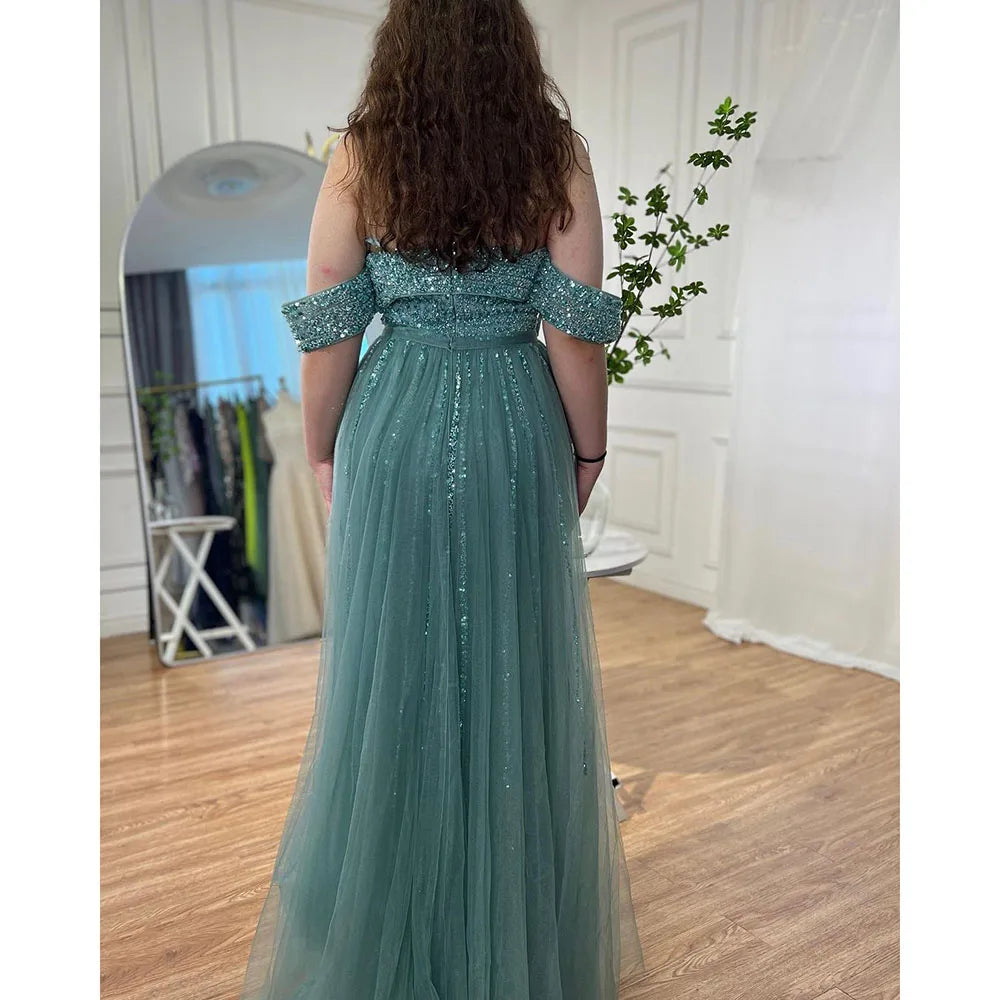Zapdress Customized Turquoise Off Shoulder Mermaid Beaded Evening Dresses Overskirt Split Party Gowns for Women rts (ZD17345)