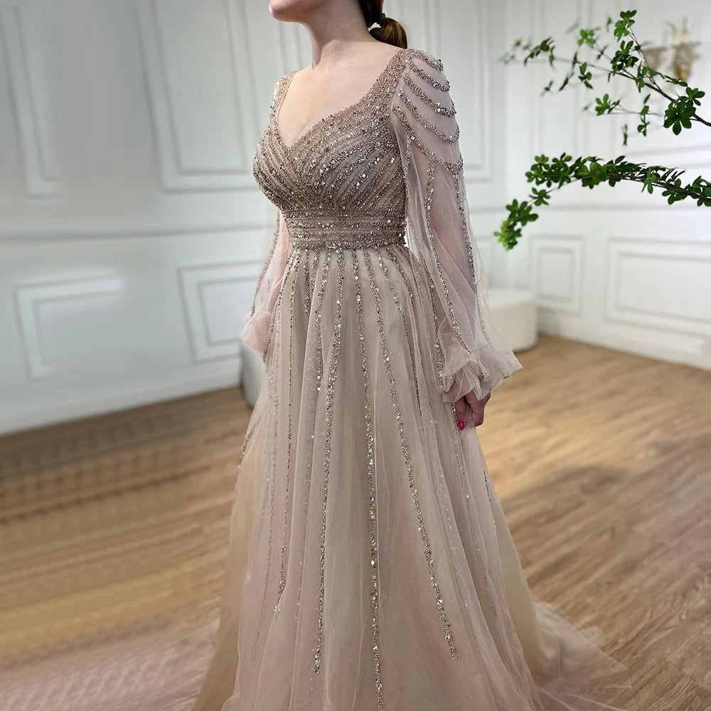 Zapdress Customized Navy Long Sleeves A-Line Beaded Arabic Evening Dresses Gowns 2024 For Women Wedding Party (ZD17328)