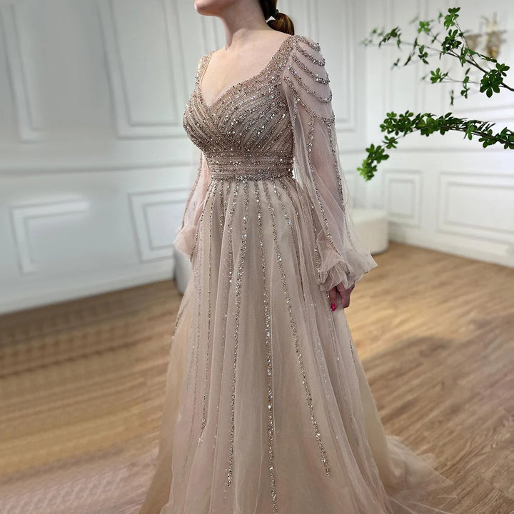Serene Hill Customized Navy Long Sleeves A-Line Beaded Arabic Evening Dresses Gowns 2024 For Women Wedding Party DLA71867