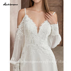 ZapDress Illusion Off White Wedding Dress Off Shoulder Long Sleeve Bridal Gown for Women Summer Vestido De Novia Customized