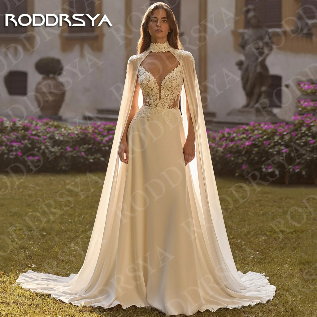 RODDRSYA Bohemian Wedding Dress A Line with Detachable Cape Boho Lace V Neck Crepe Open Back Bridal Dresses Woman Customized