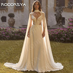 RODDRSYA Bohemian Wedding Dress A Line with Detachable Cape Boho Lace V Neck Crepe Open Back Bridal Dresses Woman Customized