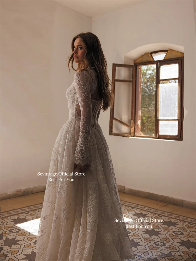 Sevintage Full Lace Ivory Wedding Dresses High Collar Long Sleeves Bridal Gowns Floor Length A-Line Wedding Gowns 2025 Customize