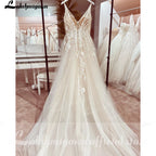ZapDress V neck Tulle Boho Wedding Dresses Customized Lace Appliques A Line Bridal Gown Sukienka Open Back Wedding Gowns