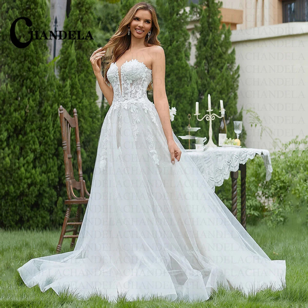CHANDELA Elegant Lace Wedding Dresses Sleeveless Deep V-Neck Sparkly Bridal Gowns Sweetheart Wedding Gown for Women Customised