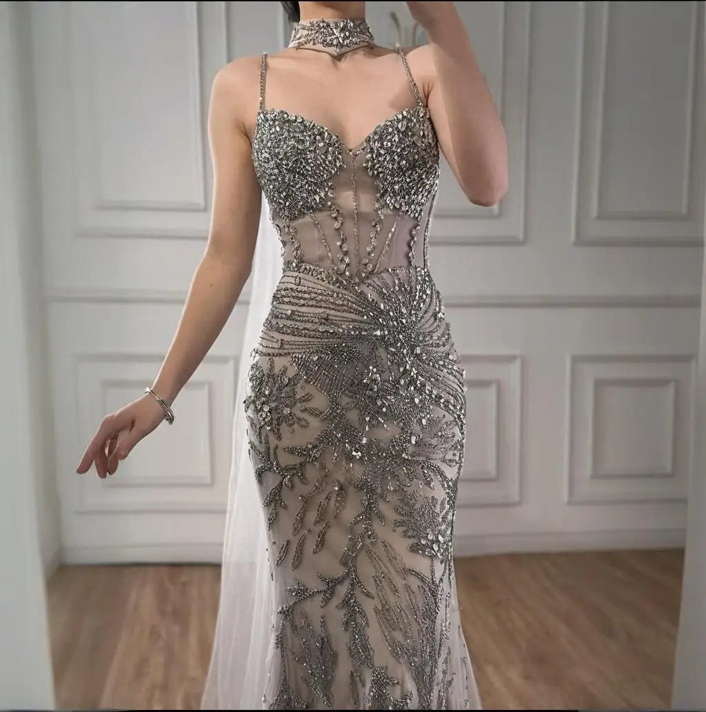 Zapdress Silver Nude Mermaid Beaded Evening Dress with Cape DLA73342 Wedding Party Gowns for Women 2026 Customized (ZD17344)