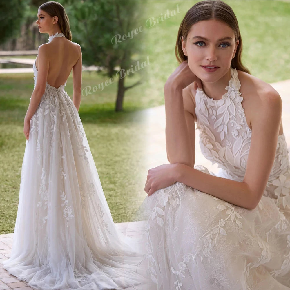Elegant Flowers Lace Appliques A Line Wedding Dresses 2027 Halter Customized Beach Bridal Gown Custom Vestido De Novia