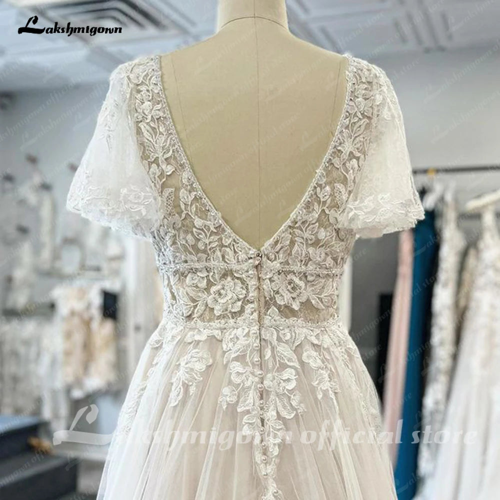 ZapDress Lace V-Neck Boho Wedding Dress with Sleeves Vestidos De Fiesta A Line Tulle Beach Wedding Gowns Customized Hochzeit