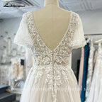 ZapDress Lace V-Neck Boho Wedding Dress with Sleeves Vestidos De Fiesta A Line Tulle Beach Wedding Gowns Customized Hochzeit
