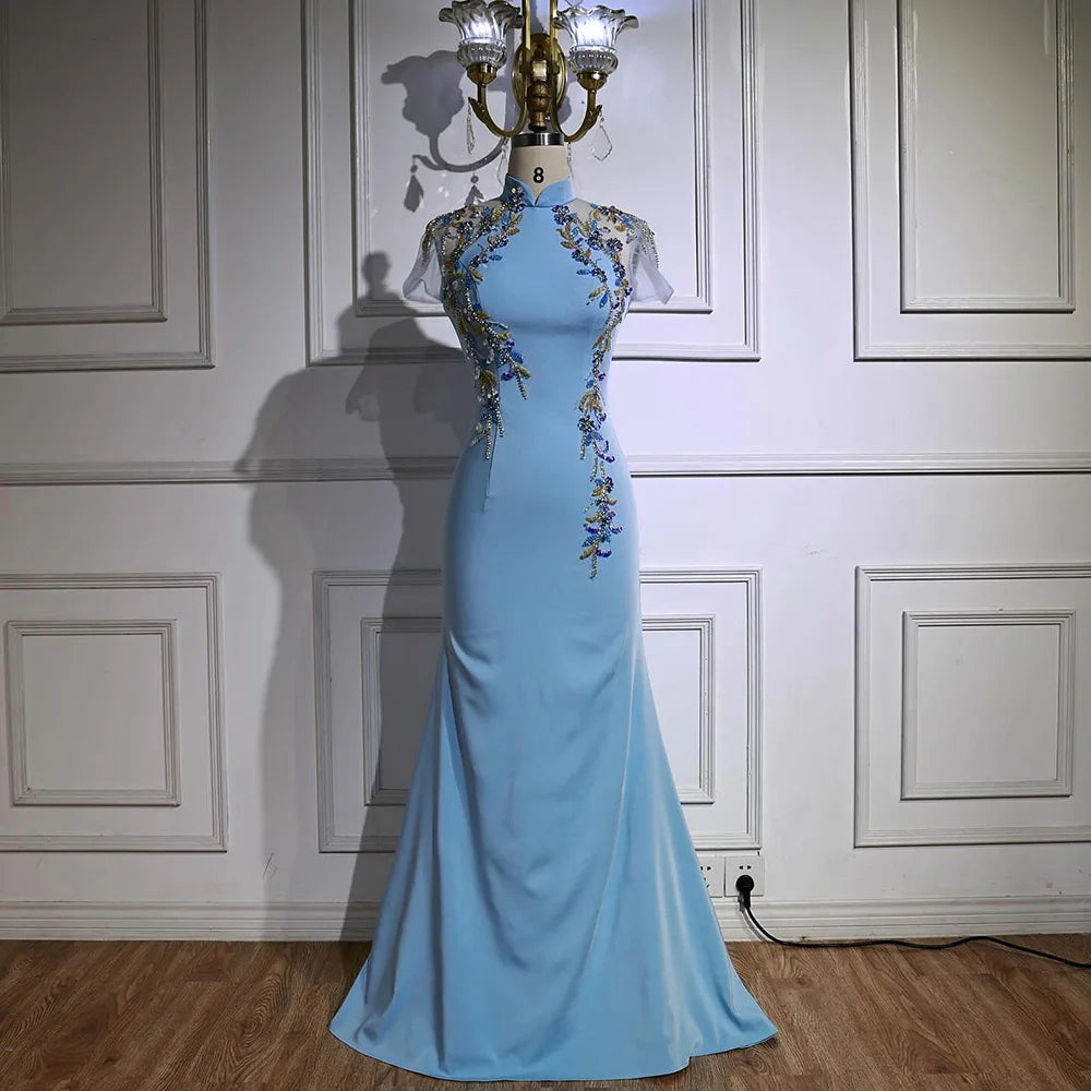 Serene Hill Customized 2025 Saudi Mint Mermaid Beaded Satin Evening Dress Gown with   for Formal Occasion DLA72797