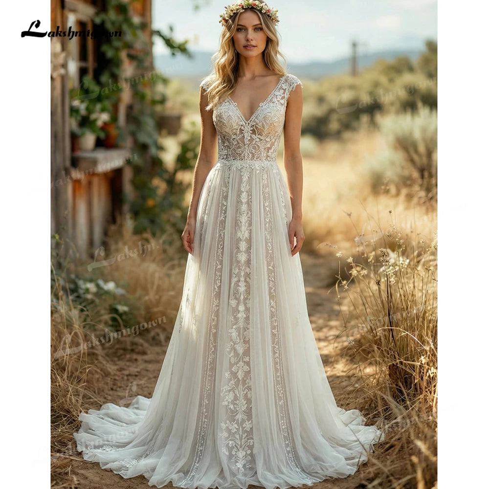 Romantic Cap Sleeve Boho Wedding Dress V Neck A Line Bridal Gowns Lace Applique Wedding Gowns Vestido De Novia Customized