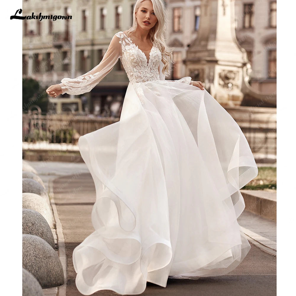 ZapDress Lace Tulle Beach Wedding Dresses Vestidos V Neck Women Long Boho Bride Gowns vestidos para eventos especiales
