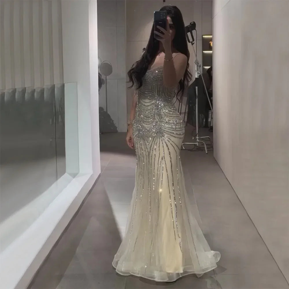 Zapdress 2025 Elegant Silver Nude Spaghetti Strap Mermaid Evening Dress with Beaded Tassels for Party DLA72772 Customized (ZD17325)
