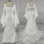 Boho Long Batwing Sleeves Lace Wedding Dress Drop Ship Customized Mermaid Rustic Beach 2026 Square Neck Open Back Bridal Gowns