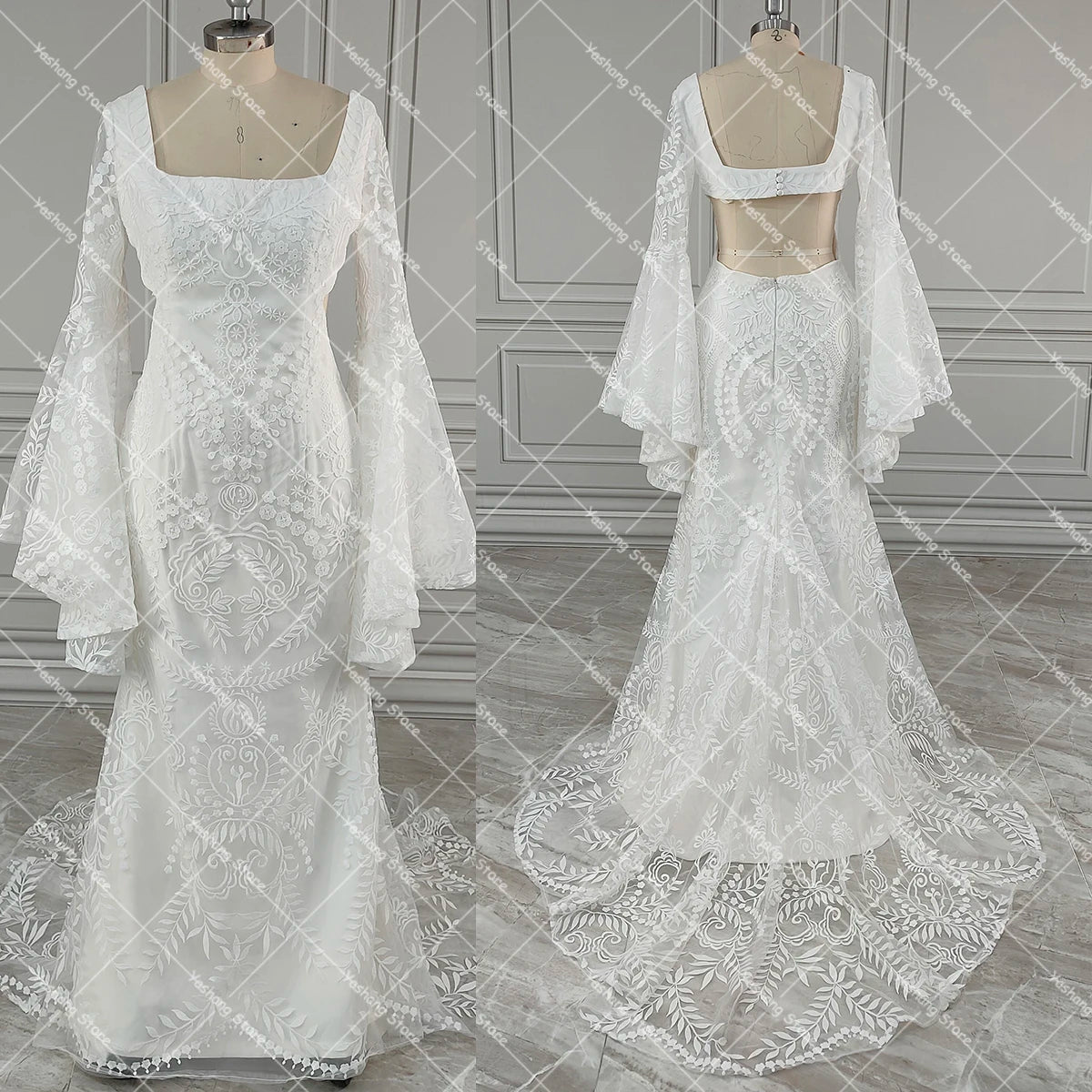 Boho Long Batwing Sleeves Lace Wedding Dress Drop Ship Customized Mermaid Rustic Beach 2026 Square Neck Open Back Bridal Gowns