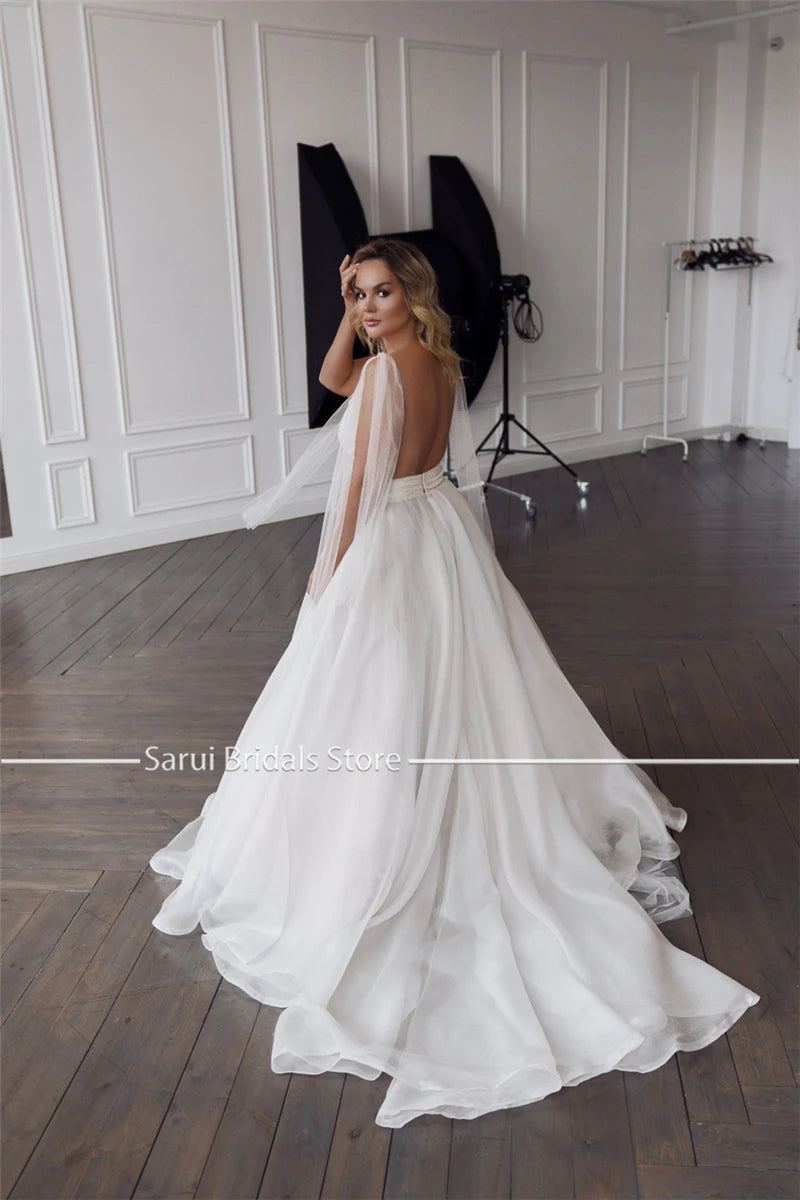 Customized Classic Deep V-neck Organza and Tulle Plus Size Wedding Dress Sexy Backless Court Bridal Gowns