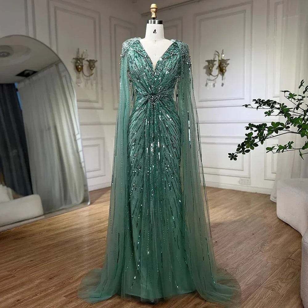 Serene Hill V-neck Turquoise Beaded Mermaid Evening Dress with Cape Plus Size Party Gowns for Women DLA72168A Customized