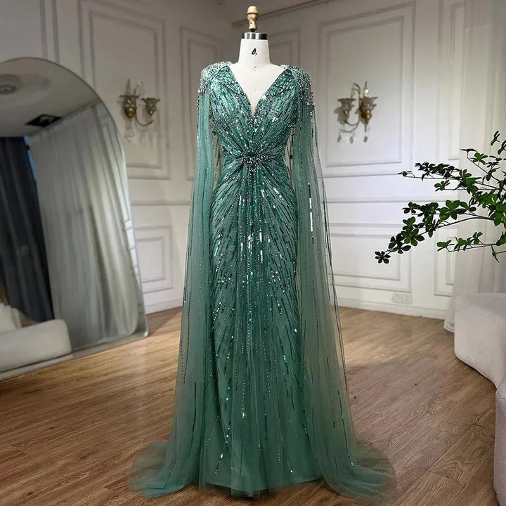 Serene Hill V-neck Turquoise Beaded Mermaid Evening Dress with Cape Plus Size Party Gowns for Women DLA72168A Customized