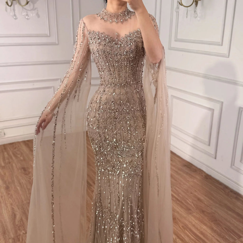 Serene Hill Customized Turquoise Beaded Mermaid Evening Dress with Cape Sleeves 2026 Formal Party Gowns for Women DLA72714AA