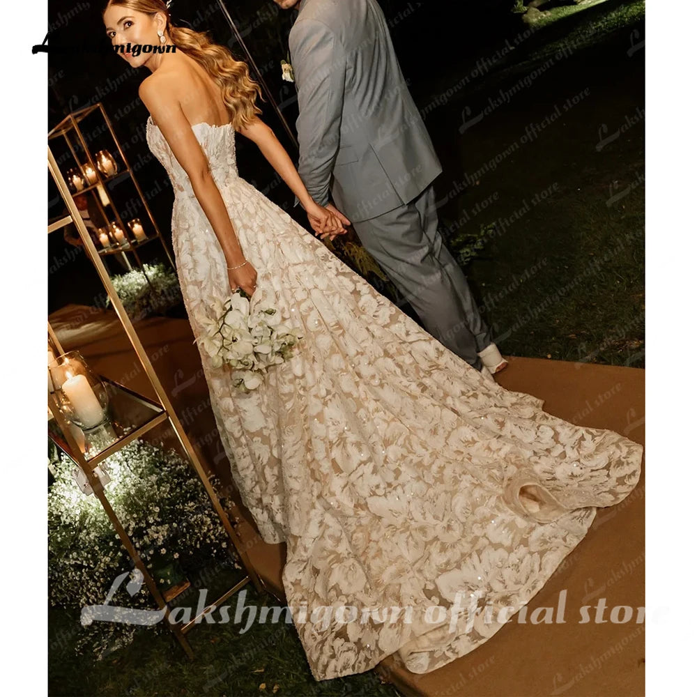 ZapDress Full Lace Strapless Wedding Dress Featuring Stunning Lace Appliques and Floral A-Line Bridal Dress Customized
