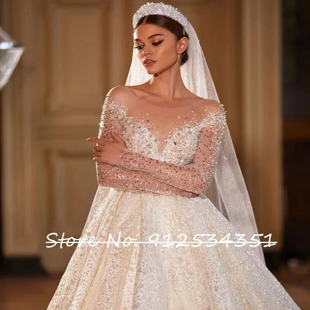 Vestidos De Novia Shining Long Sleeve Ball Gown Wedding Dress Beading Tulle Luxury Hochzeitskleid Button Back Gorgeous Trouwjurk