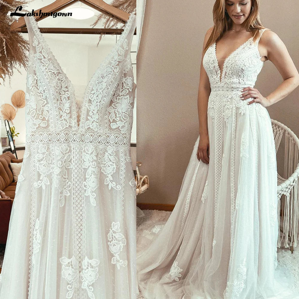 ZapDress Boho Lace Applique Elegant Plunging V Modest Wedding Dress Women Beach Robe De Mariage Bride Gowns