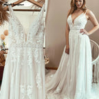 ZapDress Boho Lace Applique Elegant Plunging V Modest Wedding Dress Women Beach Robe De Mariage Bride Gowns