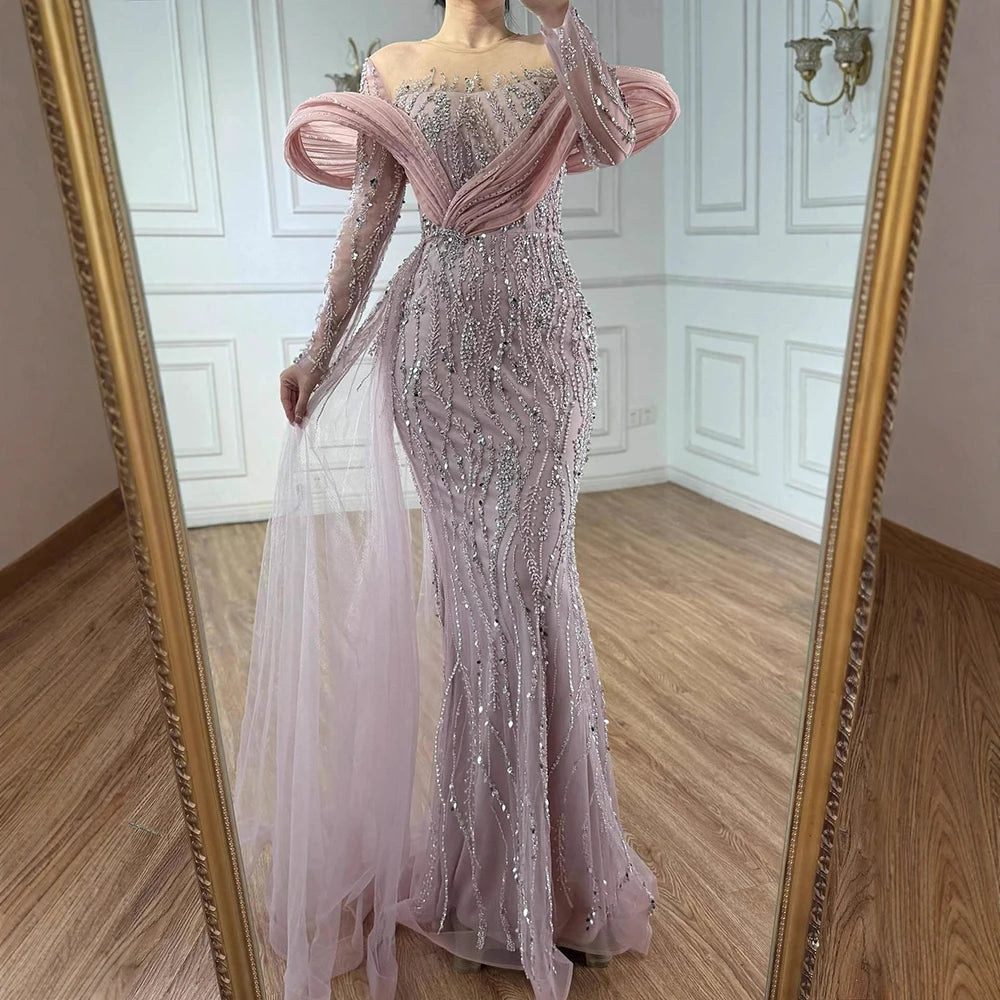 Serene Hill Pink Long Sleeves Mermaid Beaded Evening Dresses Elegant Wedding Party Gowns for Women Customized DLA72928