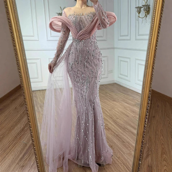 Serene Hill Pink Long Sleeves Mermaid Beaded Evening Dresses Elegant Wedding Party Gowns for Women Customized DLA72928
