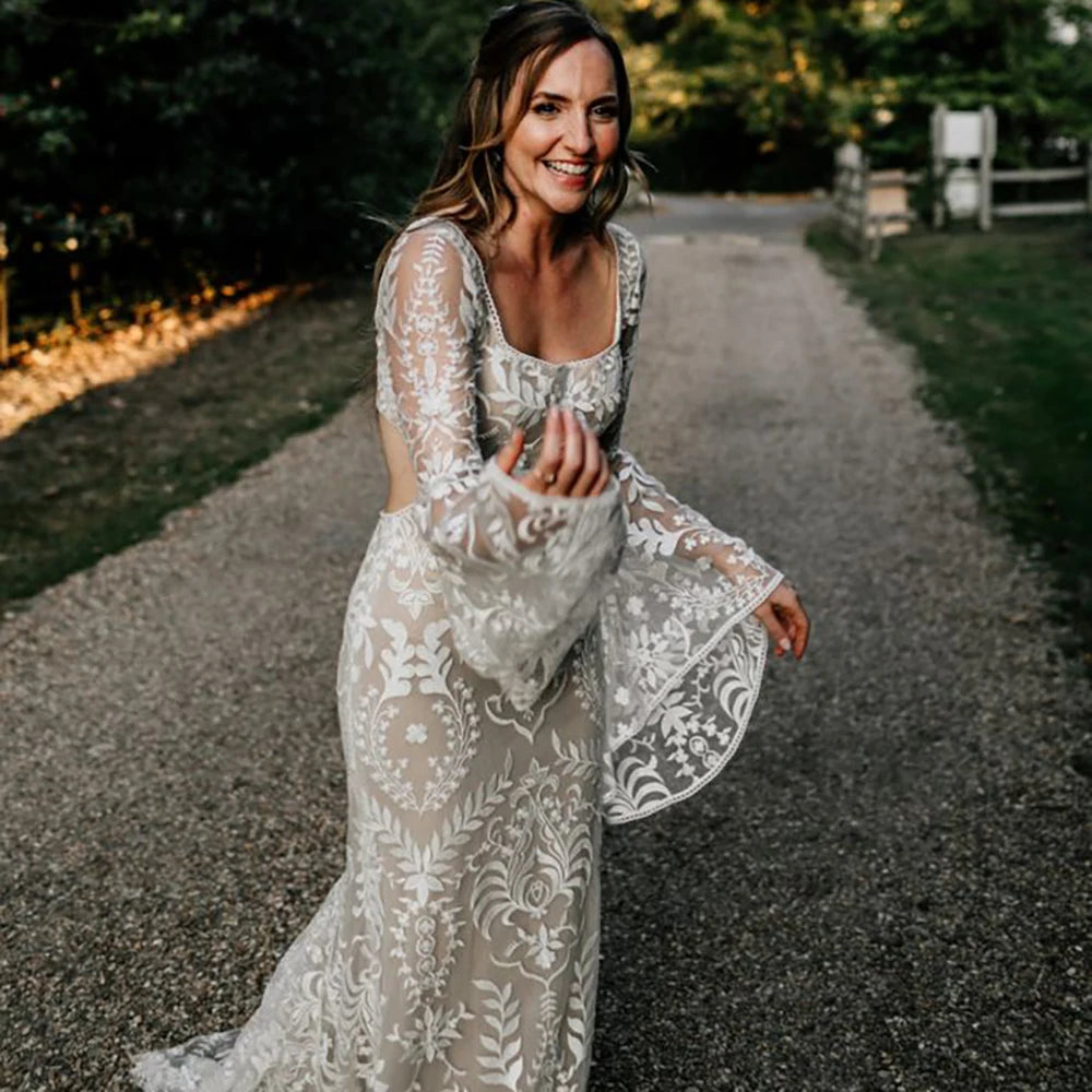 Boho Long Batwing Sleeves Lace Wedding Dress Drop Ship Customized Mermaid Rustic Beach 2026 Square Neck Open Back Bridal Gowns