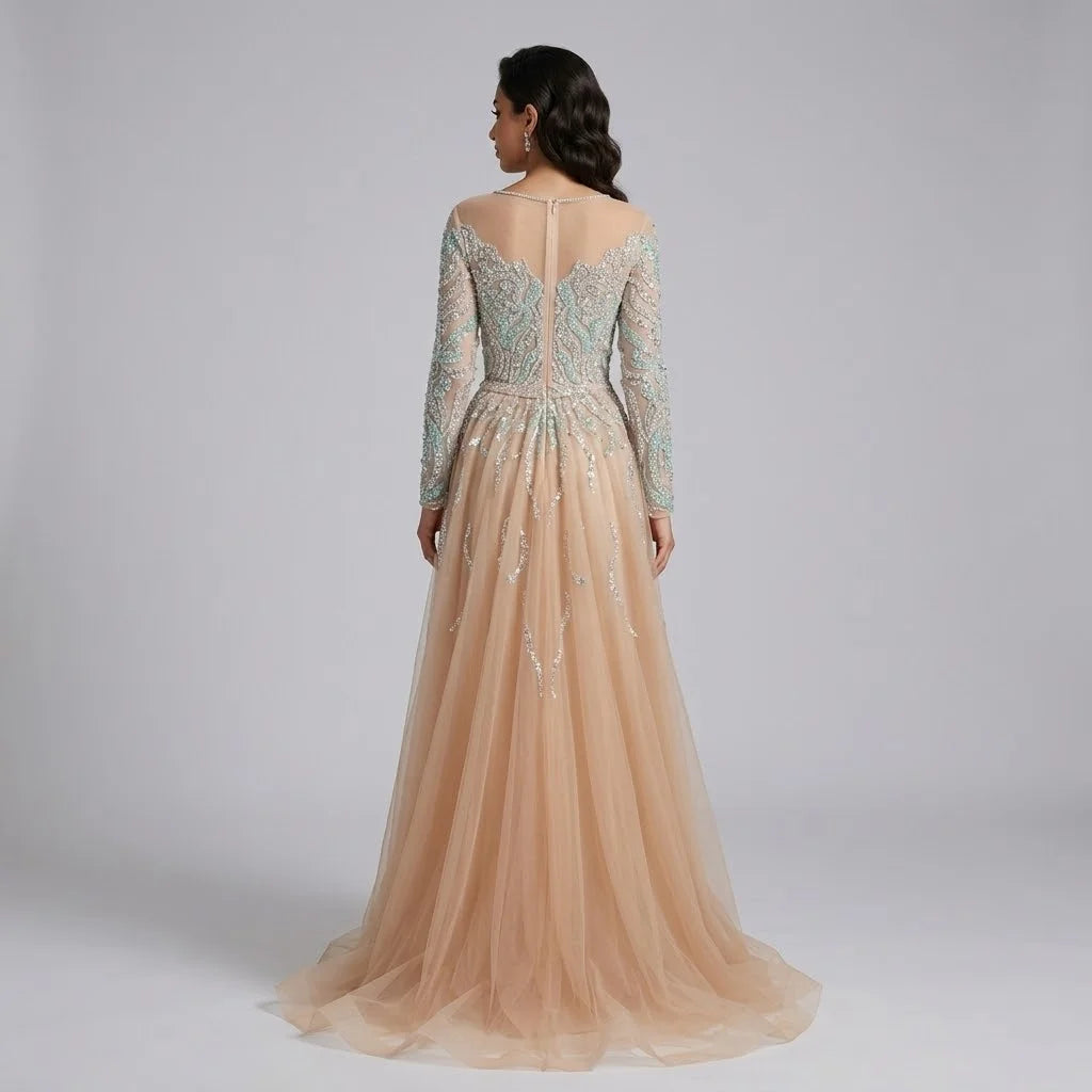 Zapdress Nude Mermaid Long Sleeve Evening Dress with Overskirt Luxury Beaded Wedding Party Gown for Women Customized (ZD17389)