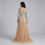 Zapdress Nude Mermaid Long Sleeve Evening Dress with Overskirt Luxury Beaded Wedding Party Gown for Women Customized (ZD17389)