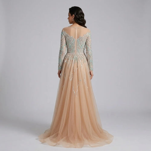 Zapdress Nude Mermaid Long Sleeve Evening Dress with Overskirt Luxury Beaded Wedding Party Gown for Women Customized (ZD17389)
