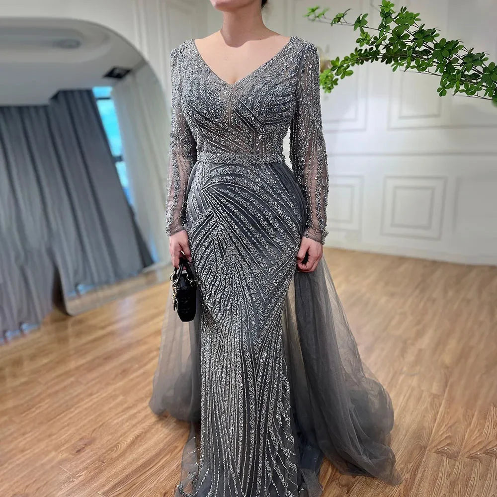 Serene Hill Customized Blue Grey V-Neck Mermaid Beaded Overskirt Evening Dresses Elegant Party Gowns For Women DLA71750