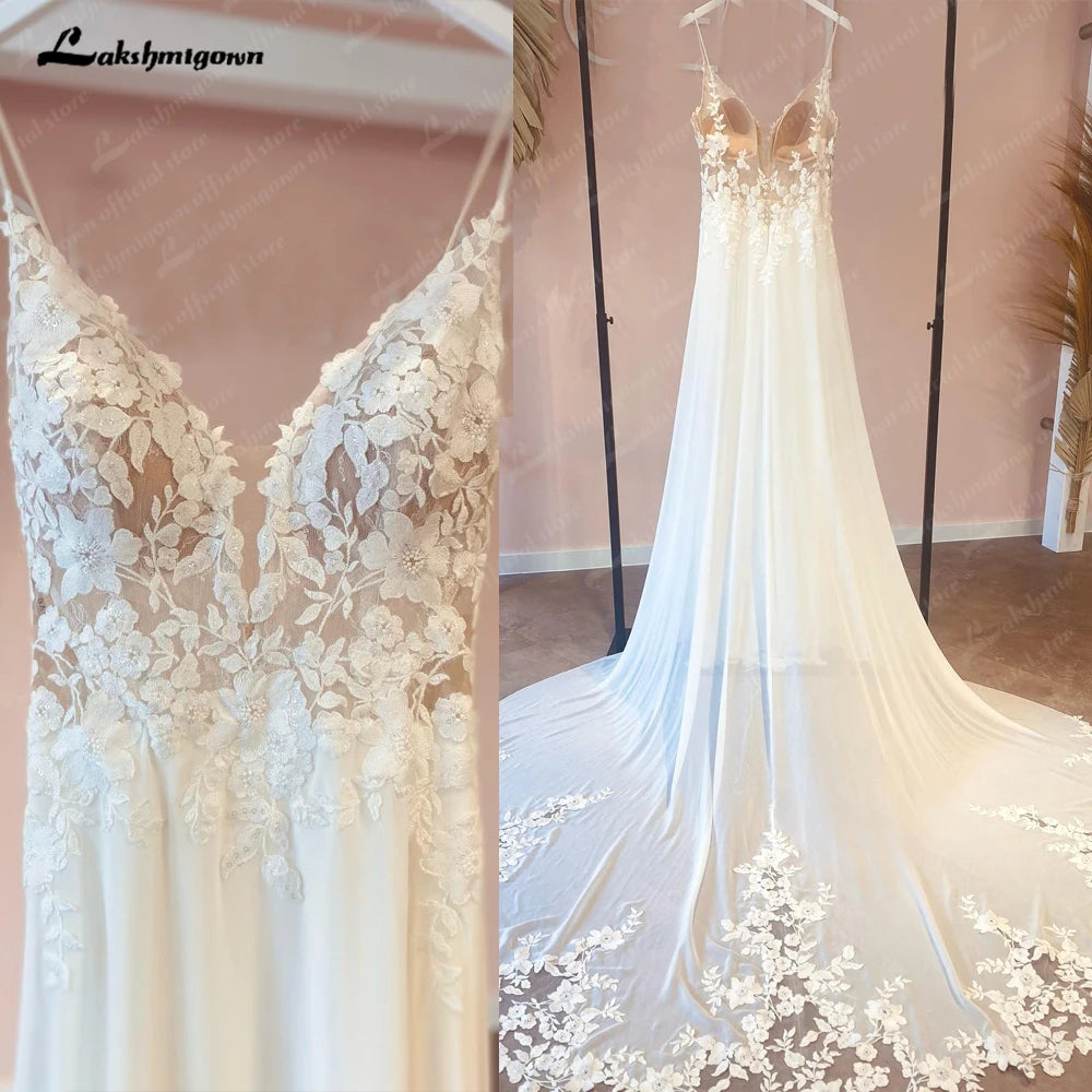 Sexy Beach Wedding Dress Customized Spaghett Straps Robe Mariee Vintage Lace Appliques Boheme Wedding Dresses Vestidos De Nova