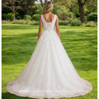 ZapDress V-Neck Wedding Dress with Beads Tassel Shoulders Illusion Long Bridal Dresses Lace Up Back Customized