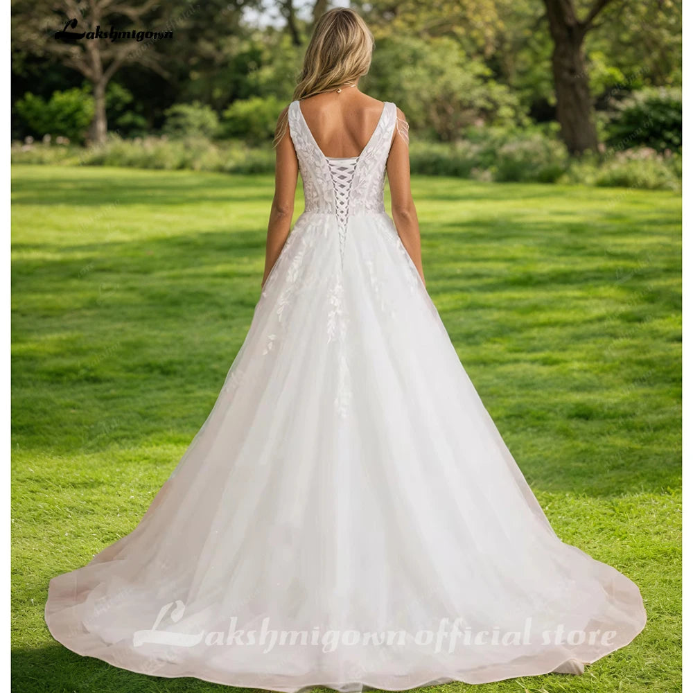 ZapDress V-Neck Wedding Dress with Beads Tassel Shoulders Illusion Long Bridal Dresses Lace Up Back Customized