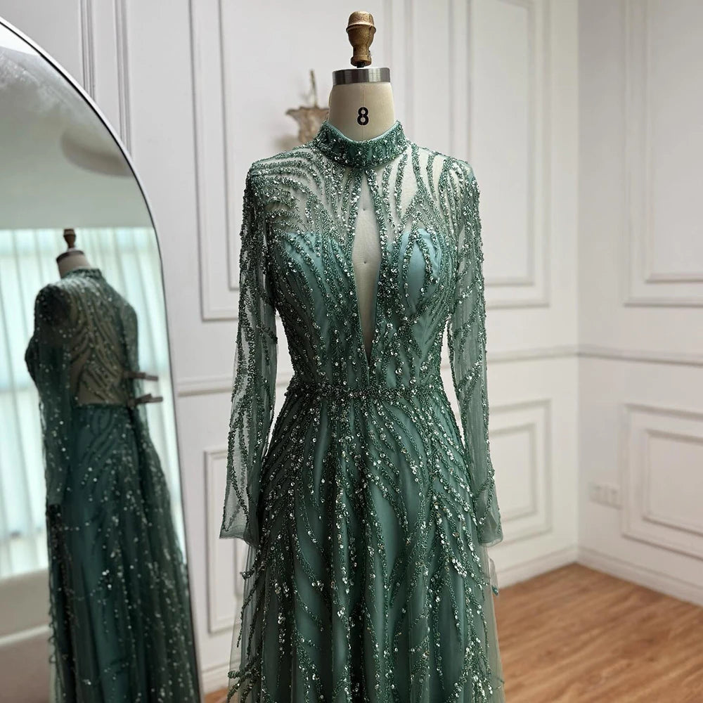 Zapdress Customized Elegant Turquoise A Line Evening Dress with High Neck Beaded Design for Women Formal Party Gown DLA71682A (ZD17384)
