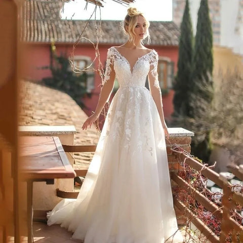 Elegant Wedding Dresses V-Neck Long Sleeves Lace Appliques Vestido De Noiva Backless Tulle Vestidos De Novia