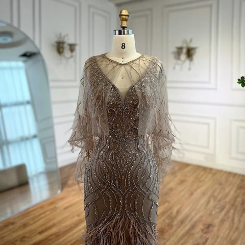 Luxury Caramel Feather Beaded Mermaid Evening Dress LA71866
