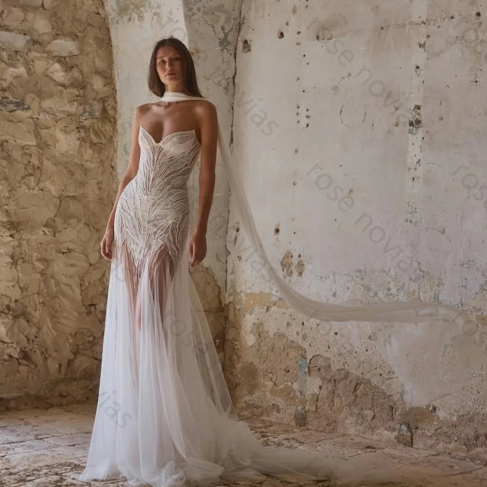 Customized 2026 Hot Sale Ivory Wedding Dress Strapless Sweetheart Neck Sheer Beaded Mermaid Bridal Gown With Cape