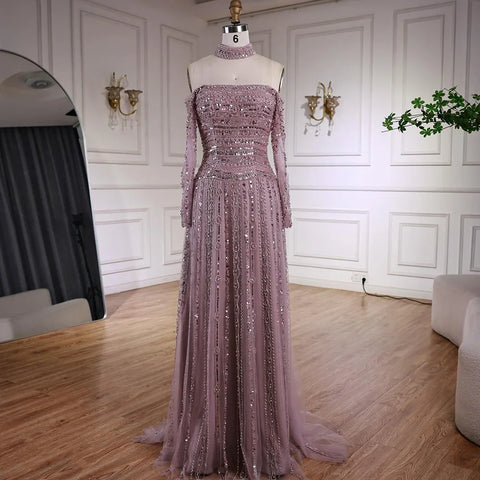 Luxury Caramel Off Shoulder Beaded Mermaid Evening Dress Long Sleeves LA73053