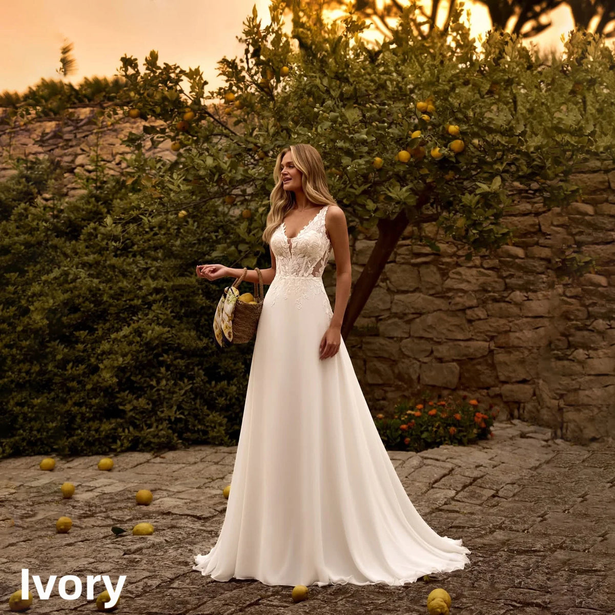 Boho A Line Chiffon Wedding Dress Sleeveless Deep V Lace Sheer Back Buttons Sweep Train Beach Bridal Gown Custom Vestido Novia