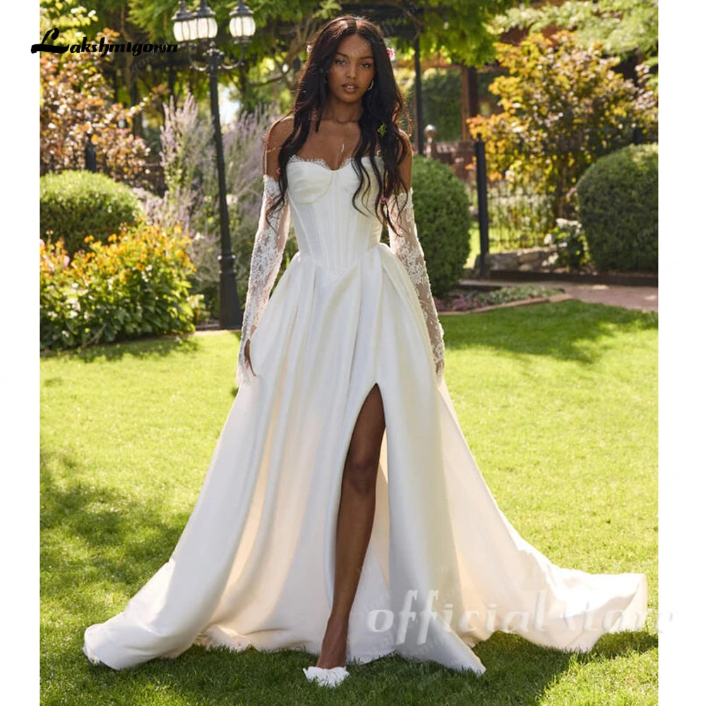 ZapDress A Line Satin Wedding Dress 2026 New Off the Shoulder Lace Long Sleeves Wedding Gown Corset Bridal Dress Customized