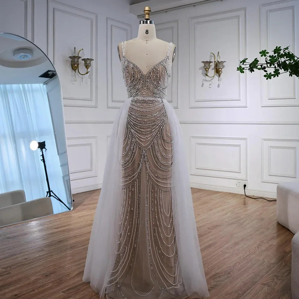 Zapdress White Nude V-neck Sleeveless Mermaid Beaded Evening Dress with Overskirt Wedding Party Gowns DLA72253A Customized (ZD17367)