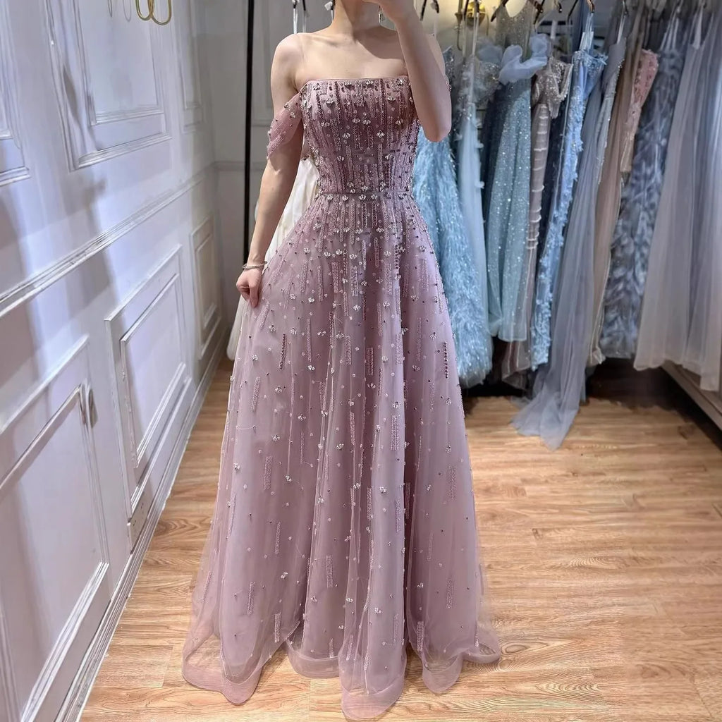 Serene Hill Caramel A-Line Beaded Evening Gown Off Shoulder Formal Party Prom Dress Robe de Soirée 2026 Customized DLA73326